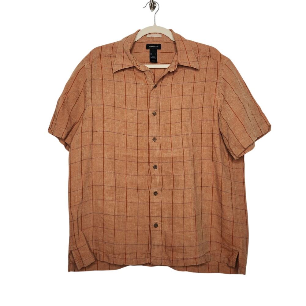 Vintage Liz Claiborne Linen Plaid Orange Button Short Sleeve Shirt Large